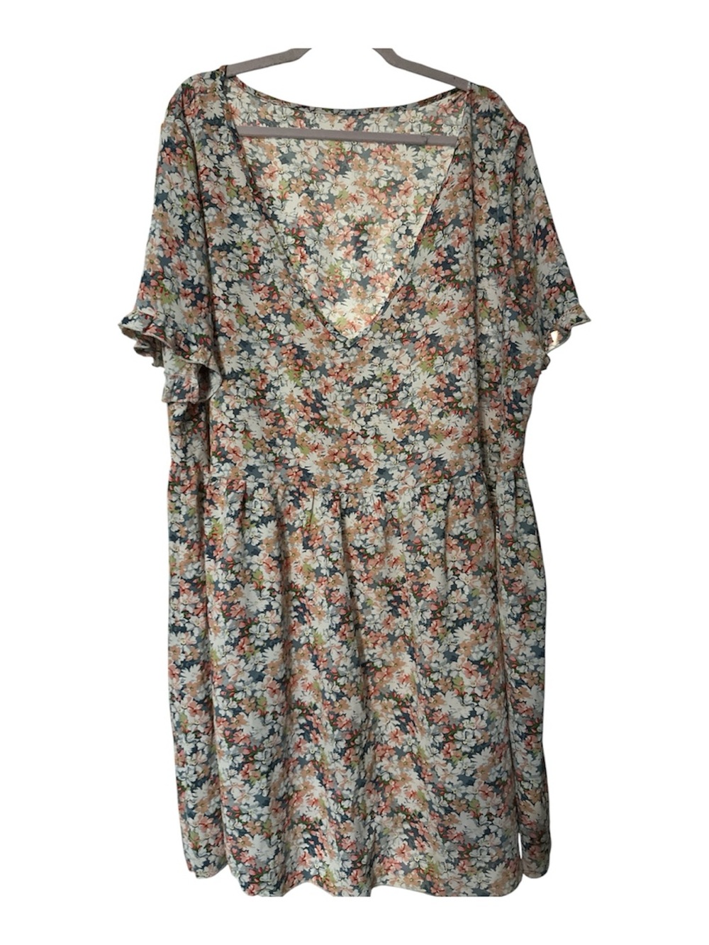 SHEIN Floral Midi Dress in Cream, Green, Pink and Orange poly 4x soft ruffle sle